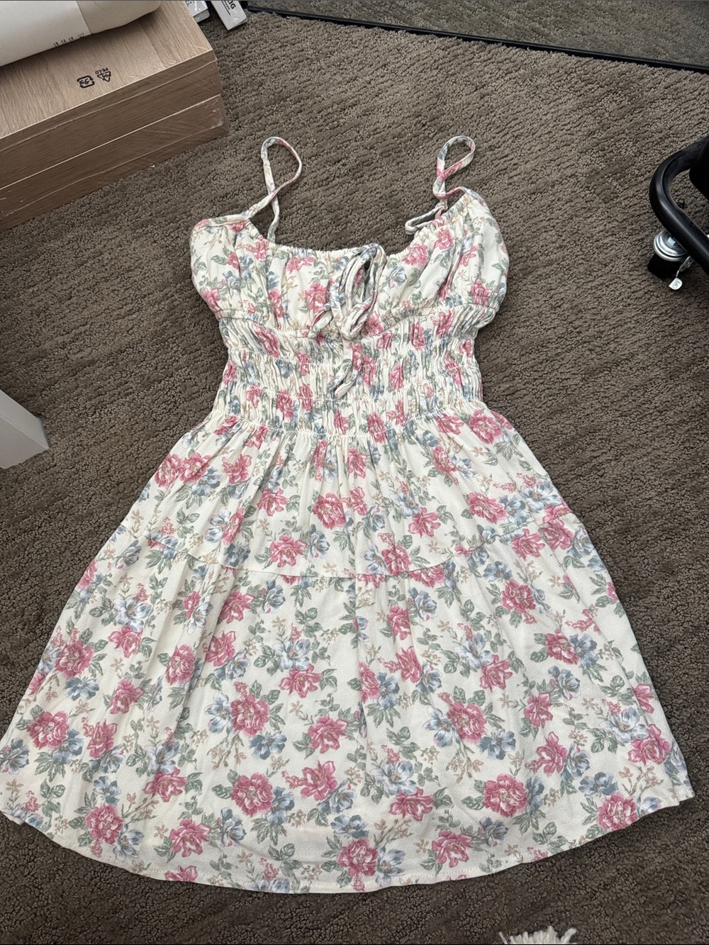 Floral Smocked Mini Dress - White with Pink & Green